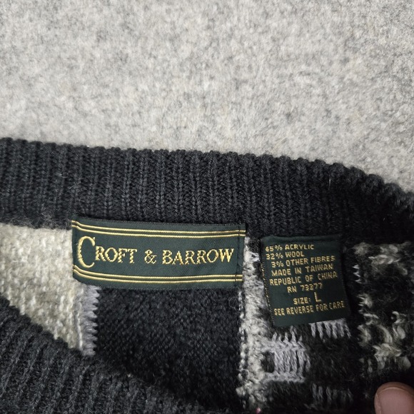 Vintage Croft & Borrow Sweater Mens Large Gray Black 3D Knit 90s Sweatshirt - Picture 6 of 12